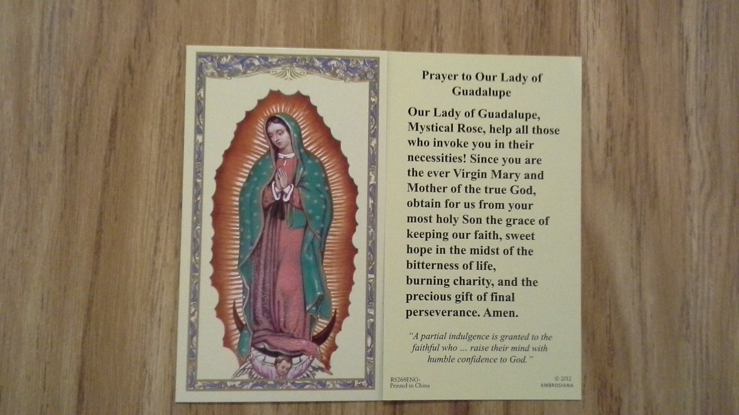Our Lady of Guadalupe/Prayer to Our Lady of Guadalupe Holy Cards